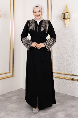 Nakış Ve Taş Detaylı Abaya TSD250110 Siyah - Tesettür Dünyası