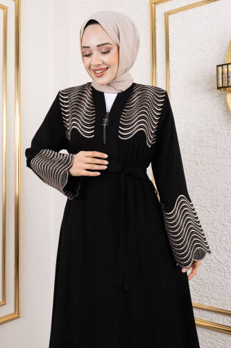 Nakış Ve Taş Detaylı Abaya TSD250110 Siyah - Tesettür Dünyası (1)