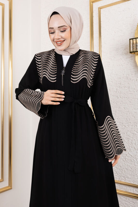 Nakış Ve Taş Detaylı Abaya TSD250110 Siyah - Tesettür Dünyası (1)