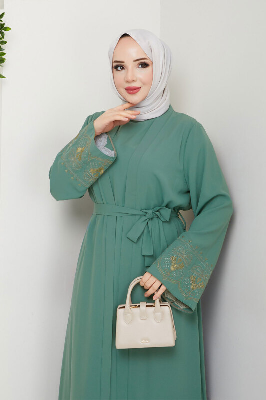 Nakışlı İç Elbiseli Abaya Takım TSD250197 Mint Yeşili - Tesettür Dünyası (1)