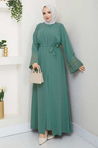 Nakışlı İç Elbiseli Abaya Takım TSD250197 Mint Yeşili 