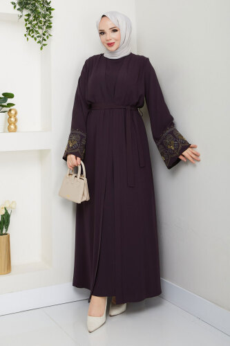Nakışlı İç Elbiseli Abaya Takım TSD250197 Mürdüm 