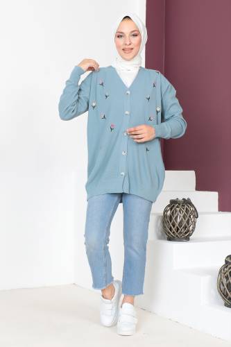 Nakışlı Triko Hırka TSD230722 Mavi 