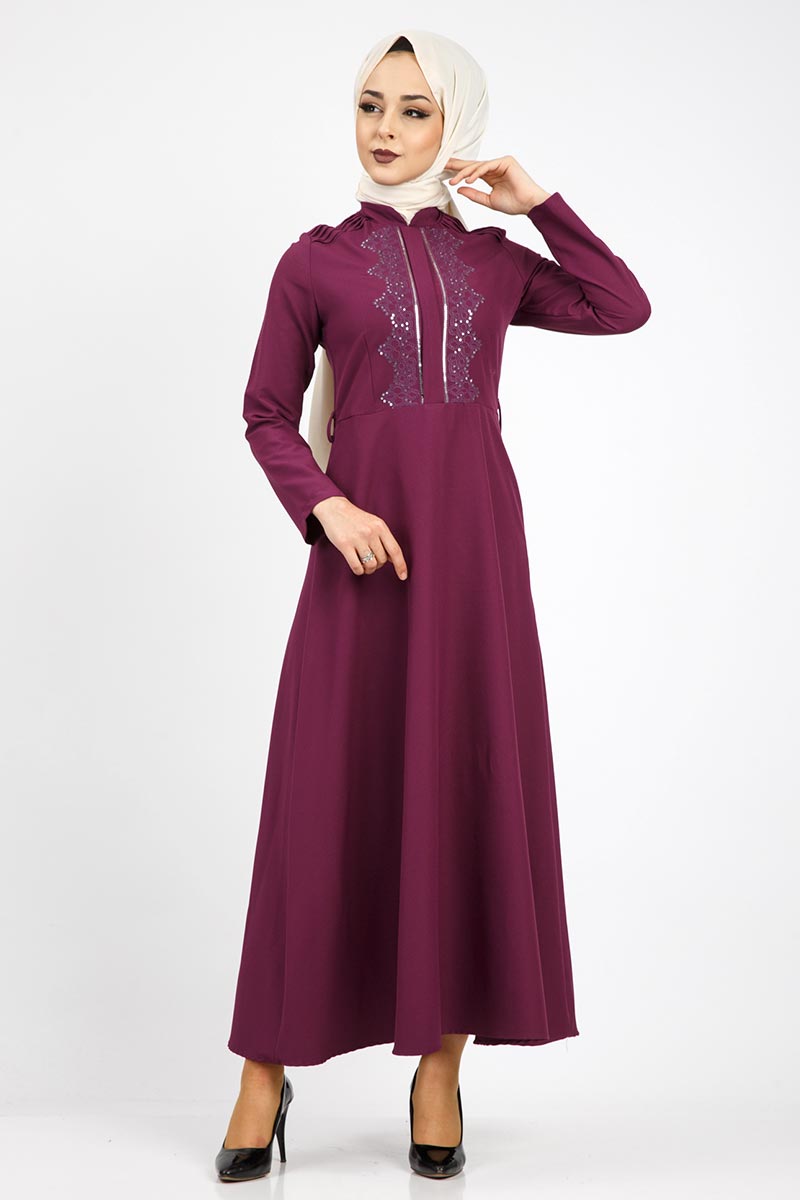 Tesettür Dünyası - Ribbed Embroidered Dress TSD0519 Purple