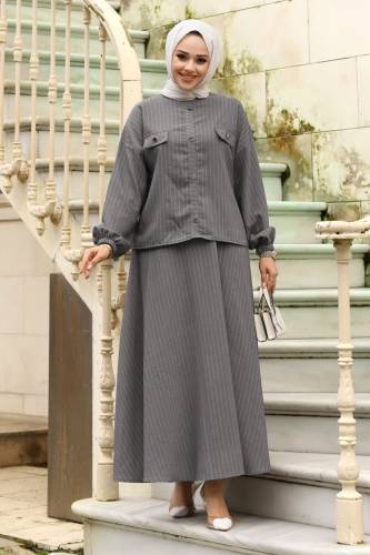 Nisa Süs Cepli Ve Süs Düğmeli Etekli Takım TSD240101 Gri 