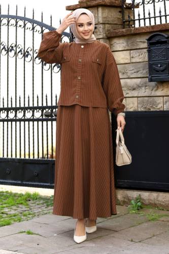 Nisa Süs Cepli Ve Süs Düğmeli Etekli Takım TSD240101 Kahverengi 