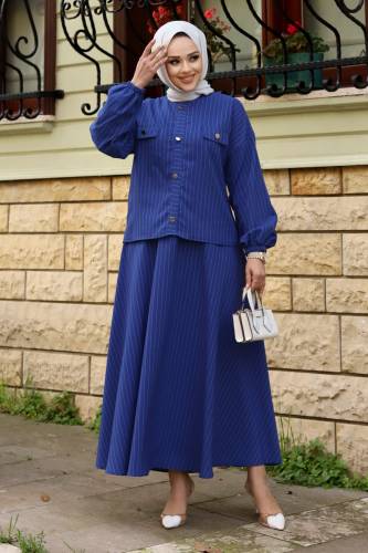 Nisa Süs Cepli Ve Süs Düğmeli Etekli Takım TSD240101 Saks Mavisi - 3