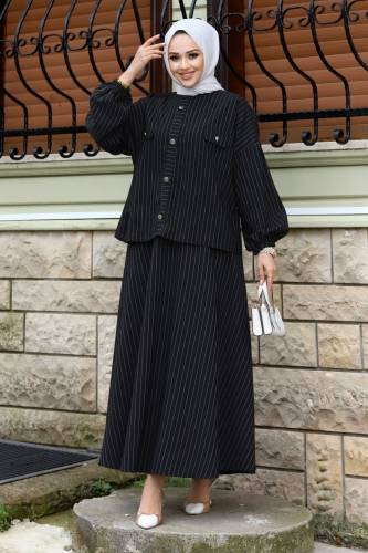 Nisa Süs Cepli Ve Süs Düğmeli Etekli Takım TSD240101 Siyah 