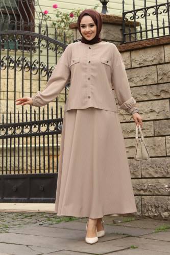 Nisa Süs Cepli Ve Süs Düğmeli Etekli Takım TSD240101 Vizon 