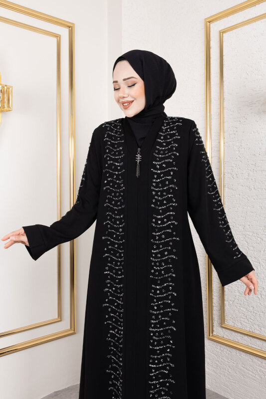 Nokta Taş Detaylı Abaya TSD250171 Siyah - Tesettür Dünyası (1)