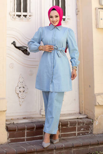 Omuzu Çakımlı Beli Kuşaklı Kot Takım TSD240607 Açık Mavi 