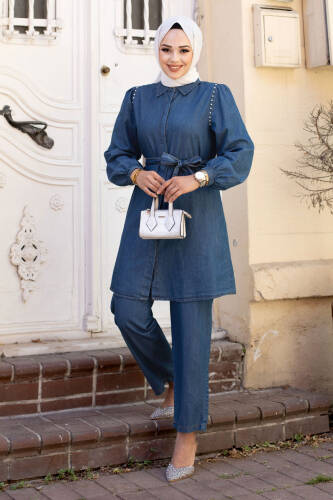 Omuzu Çakımlı Beli Kuşaklı Kot Takım TSD240607 Mavi - 3