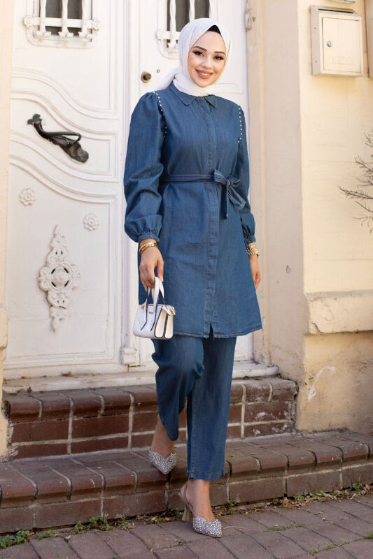 Omuzu Çakımlı Beli Kuşaklı Kot Takım TSD240607 Mavi - 4
