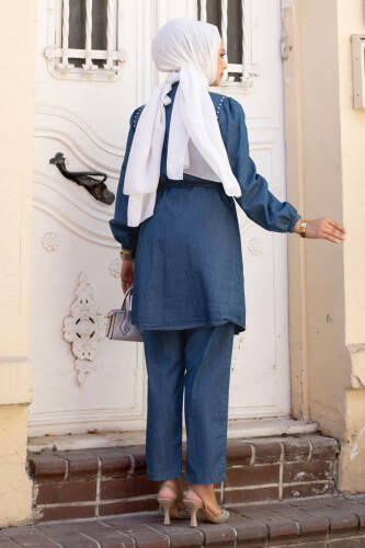 Omuzu Çakımlı Beli Kuşaklı Kot Takım TSD240607 Mavi - 5