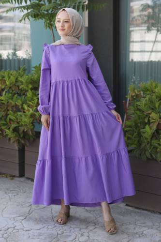Omuzu Fırfırlı Elbise TSD220641 Lila 