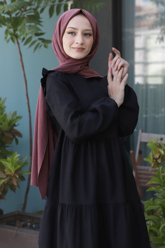 Omuzu Fırfırlı Elbise TSD220641 Siyah - 3