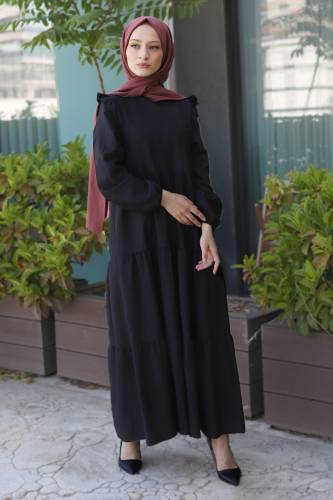 Omuzu Fırfırlı Elbise TSD220641 Siyah - 4
