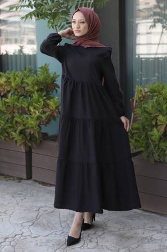 Omuzu Fırfırlı Elbise TSD220641 Siyah 