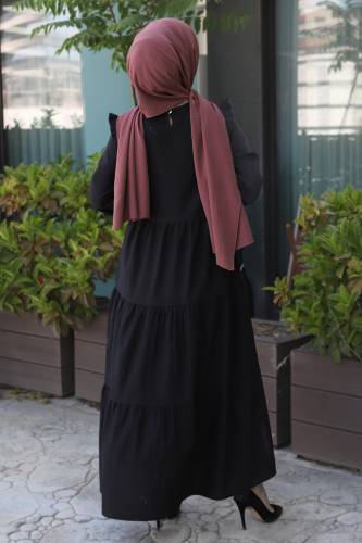 Omuzu Fırfırlı Elbise TSD220641 Siyah - 5