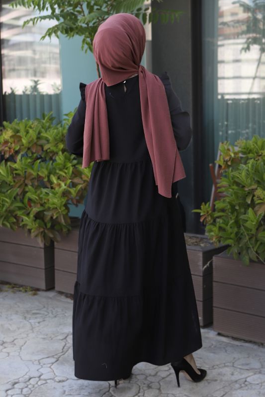 Omuzu Fırfırlı Elbise TSD220641 Siyah - 5