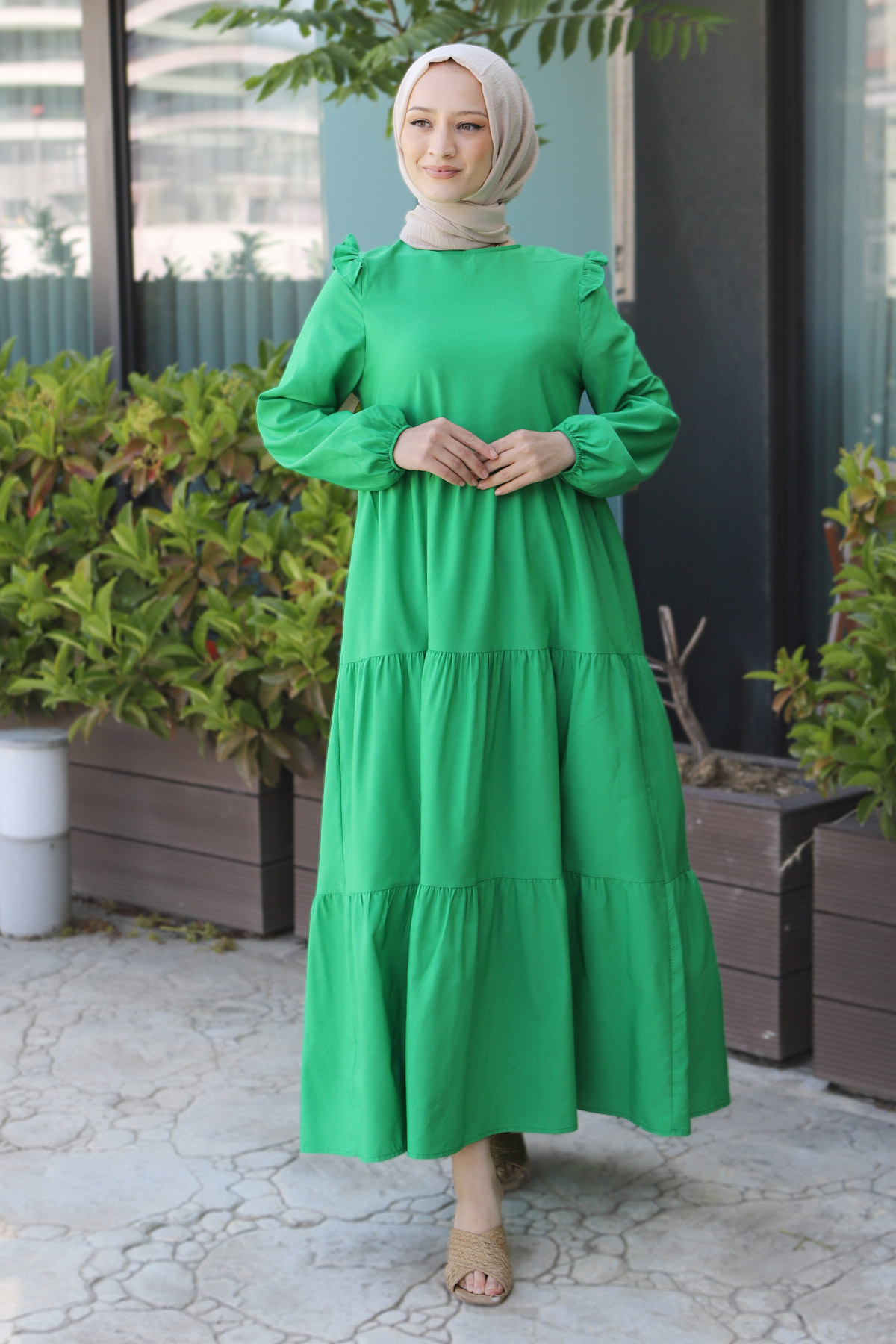 Tesettür Dünyası - Omuzu Fırfırlı Elbise TSD220641 Yeşil