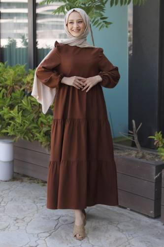 Omuzu Fırfırlı Elbise TSD220641 Kahverengi 