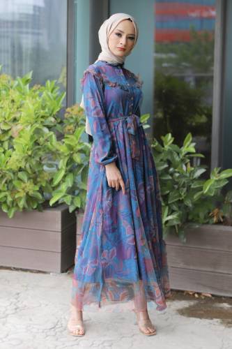 Omuzu Fırfırlı Tül Elbise TSD220526 İndigo 