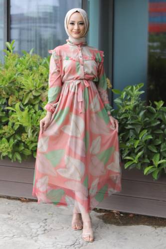 Omuzu Fırfırlı Tül Elbise TSD220526 Pembe - Tesettür Dünyası