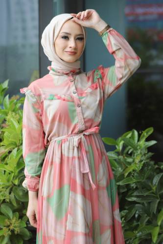 Omuzu Fırfırlı Tül Elbise TSD220526 Pembe - 2