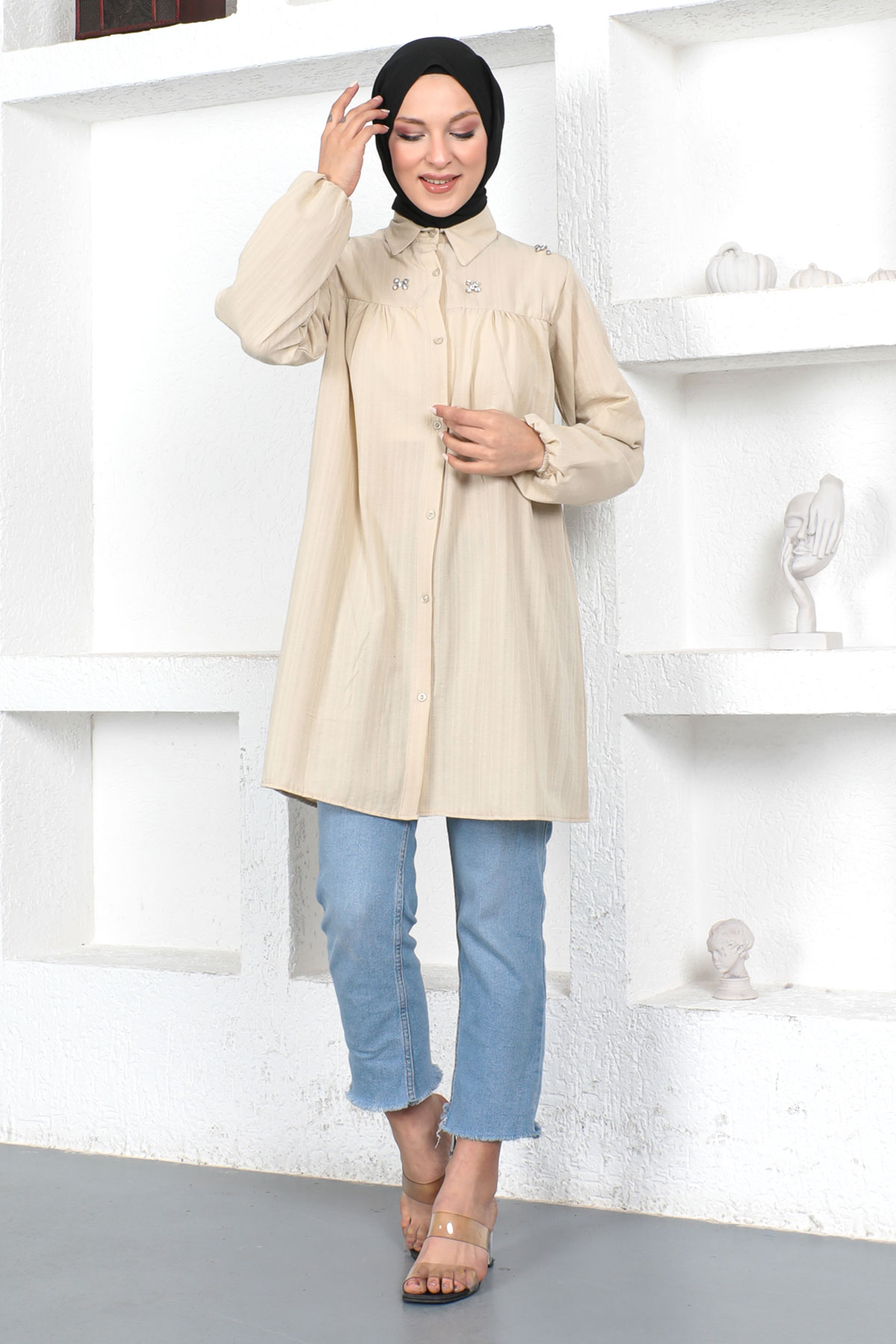 Tesettür Dünyası - Omuzu Taşlı Tunik TSD230371 Bej