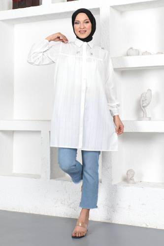 Omuzu Taşlı Tunik TSD230371 Ekru - Tesettür Dünyası (1)