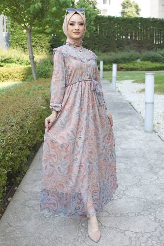 Omuzu Fırfırlı Tül Elbise TSD220526 Bej 