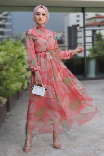 Omuzu Fırfırlı Tül Elbise TSD220526 Gül Kurusu 