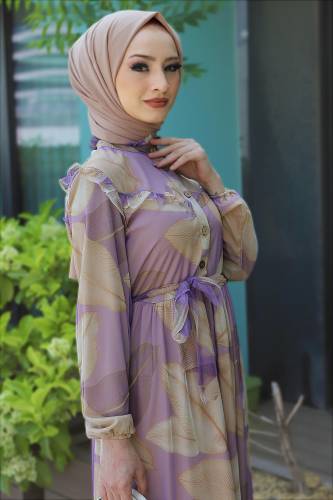 Omuzu Fırfırlı Tül Elbise TSD220526 Lila - 2