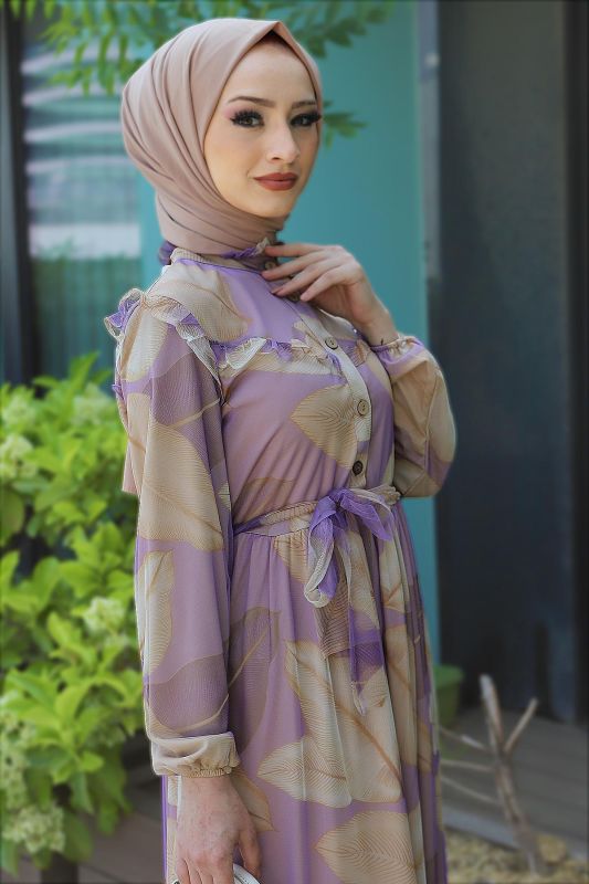 Omuzu Fırfırlı Tül Elbise TSD220526 Lila - 2