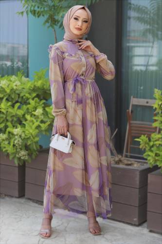 Omuzu Fırfırlı Tül Elbise TSD220526 Lila 