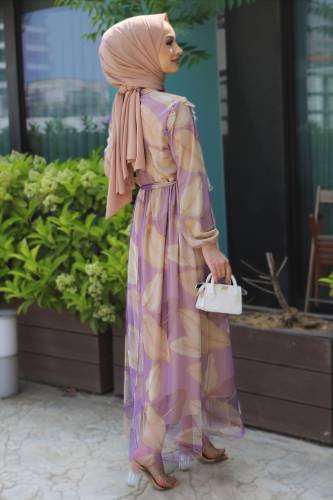 Omuzu Fırfırlı Tül Elbise TSD220526 Lila - 5