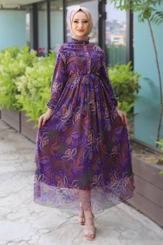 Omuzu Fırfırlı Tül Elbise TSD220526 Mor 