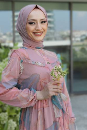 Omuzu Fırfırlı Tül Elbise TSD220526 Somon - Tesettür Dünyası (1)