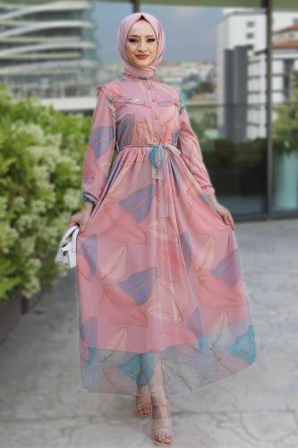 Omuzu Fırfırlı Tül Elbise TSD220526 Somon 