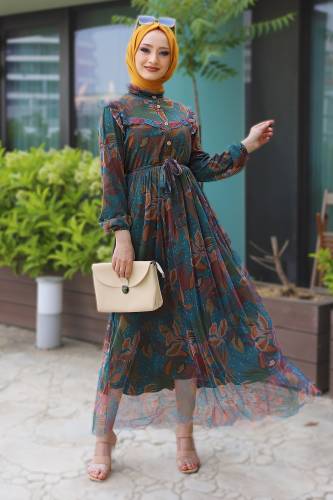 Omuzu Fırfırlı Tül Elbise TSD220526 Turkuaz 