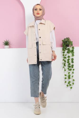Önden Cepli Kot Yelek TSD220429 Bej 