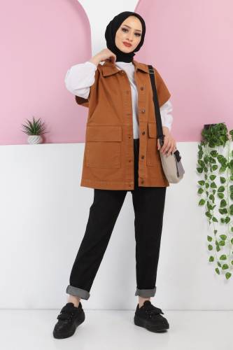 Önden Cepli Kot Yelek TSD220429 Taba 