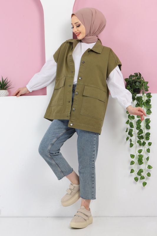 Önden Cepli Kot Yelek TSD220429 Yeşil - 1