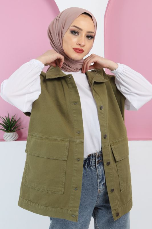 Önden Cepli Kot Yelek TSD220429 Yeşil - 2