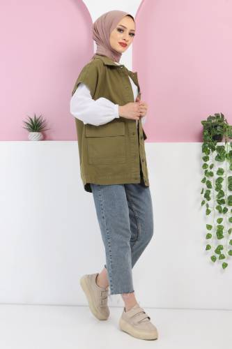 Önden Cepli Kot Yelek TSD220429 Yeşil - 3