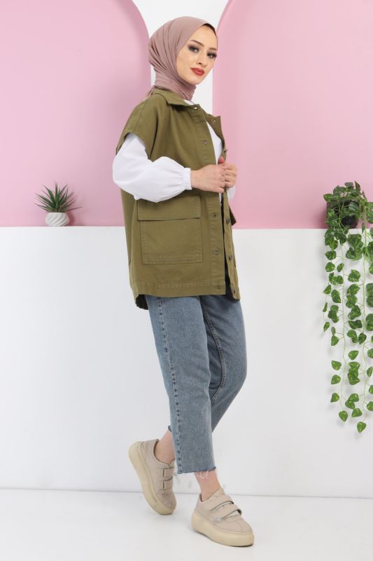 Önden Cepli Kot Yelek TSD220429 Yeşil - 3
