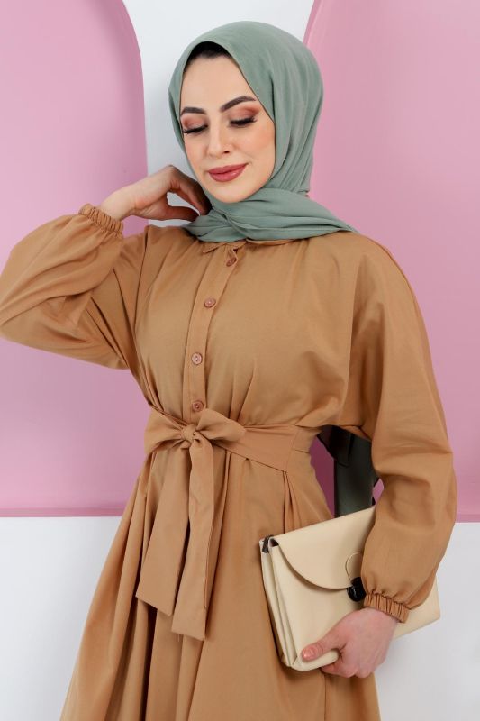 Önden Düğmeli Elbise TSD220316 Camel - 4