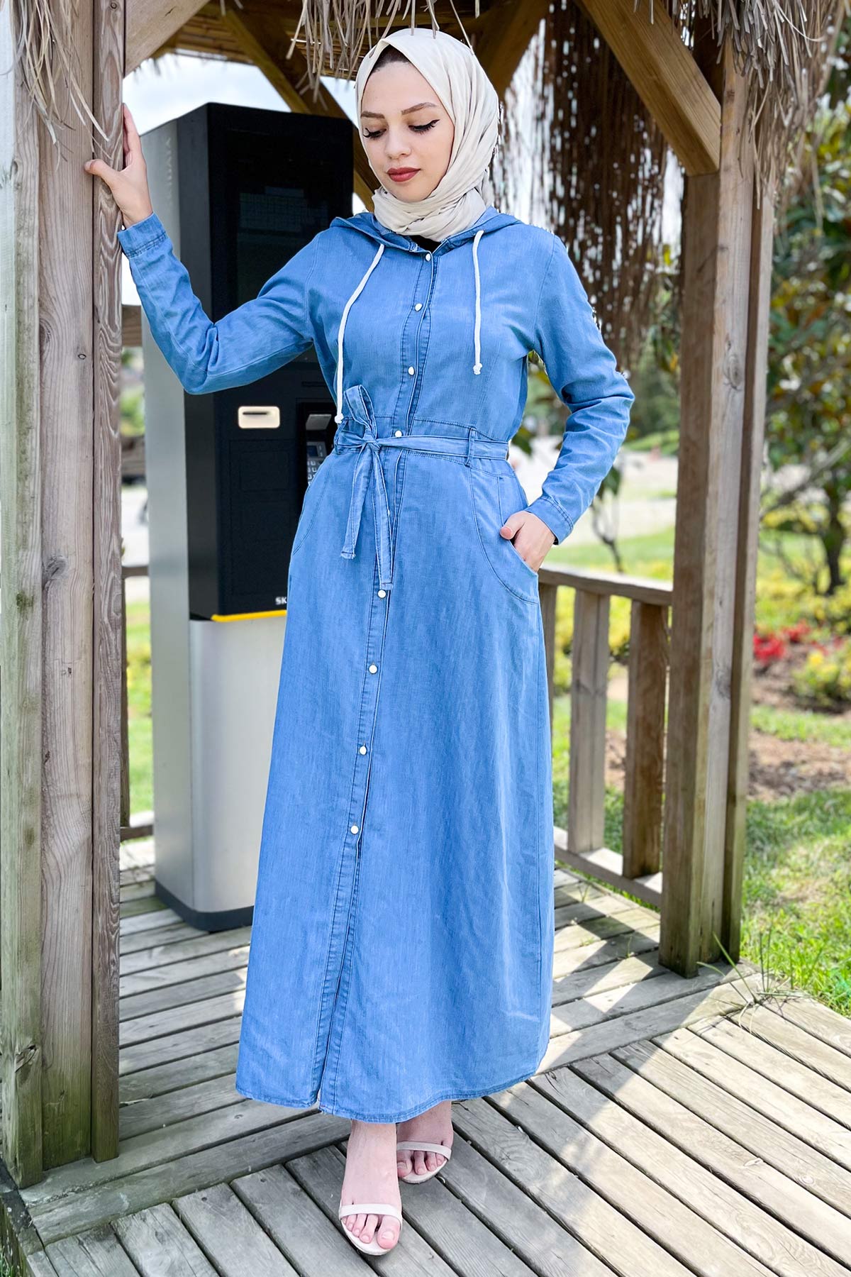 Tesettür Dünyası - Önden Düğmeli Kot Elbise TSD220819 Açık Mavi