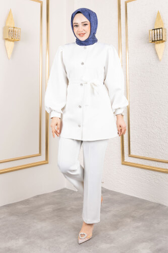 Önden Düğmeli Scuba Takım TSD250133 Beyaz - 3